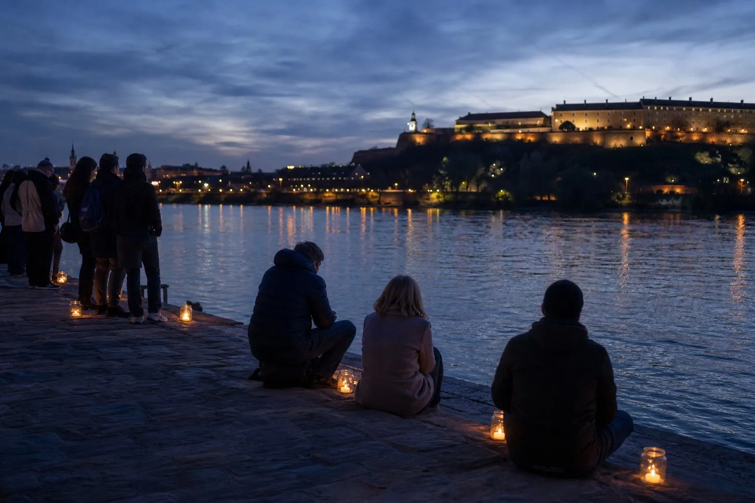 Ljudi i svijeće uz Dunav u Novom Sadu predvečer