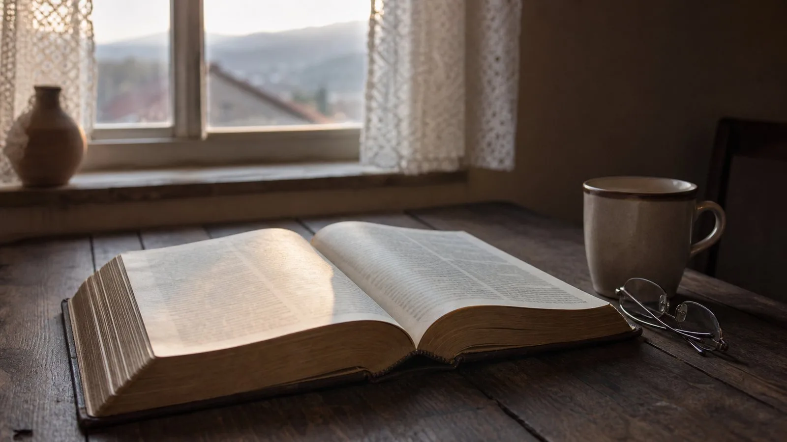 Otvorena Biblija na drvenom stolu u jutarnjem svjetlu