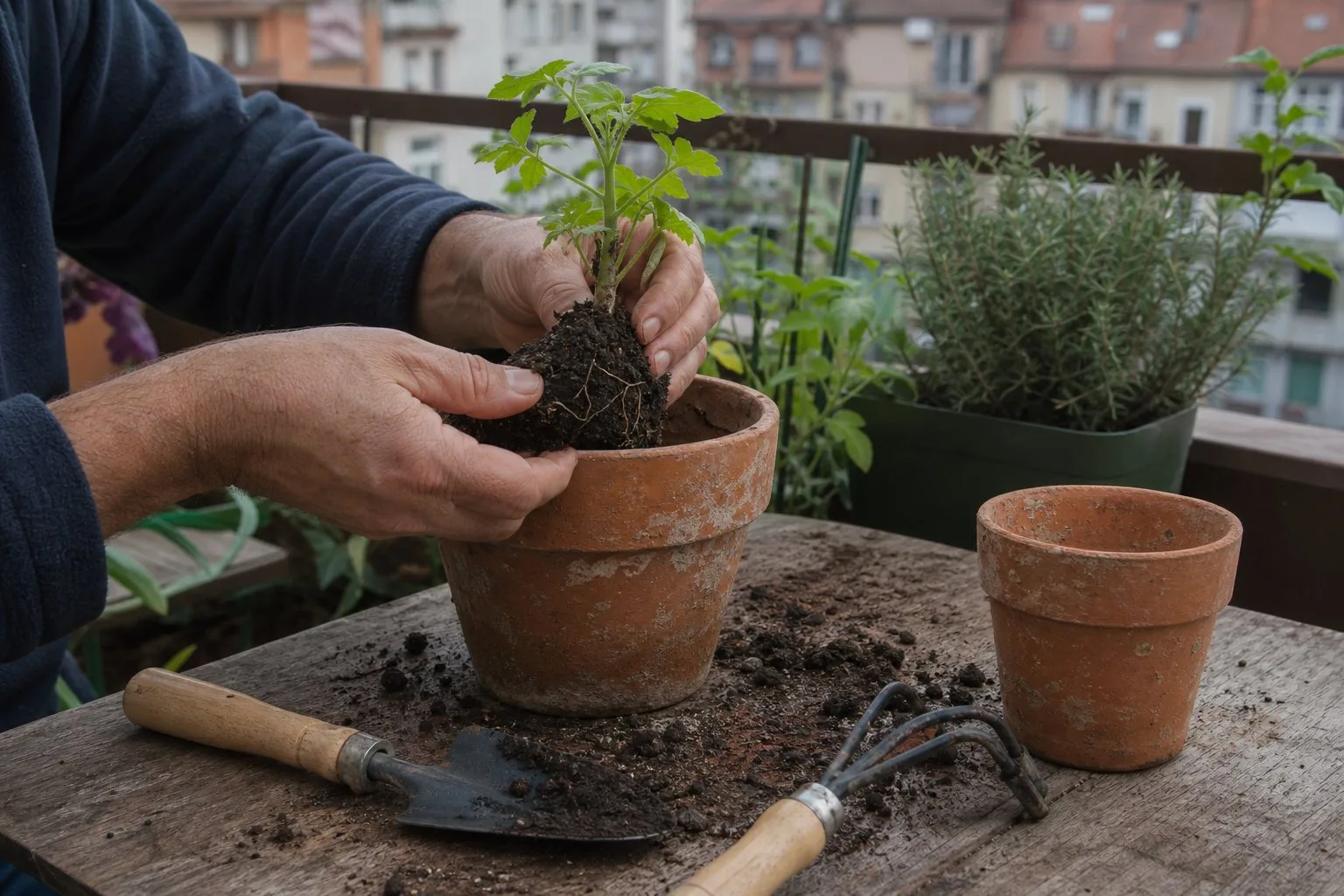 Ruke presađuju mladu biljku u saksiju na balkonu