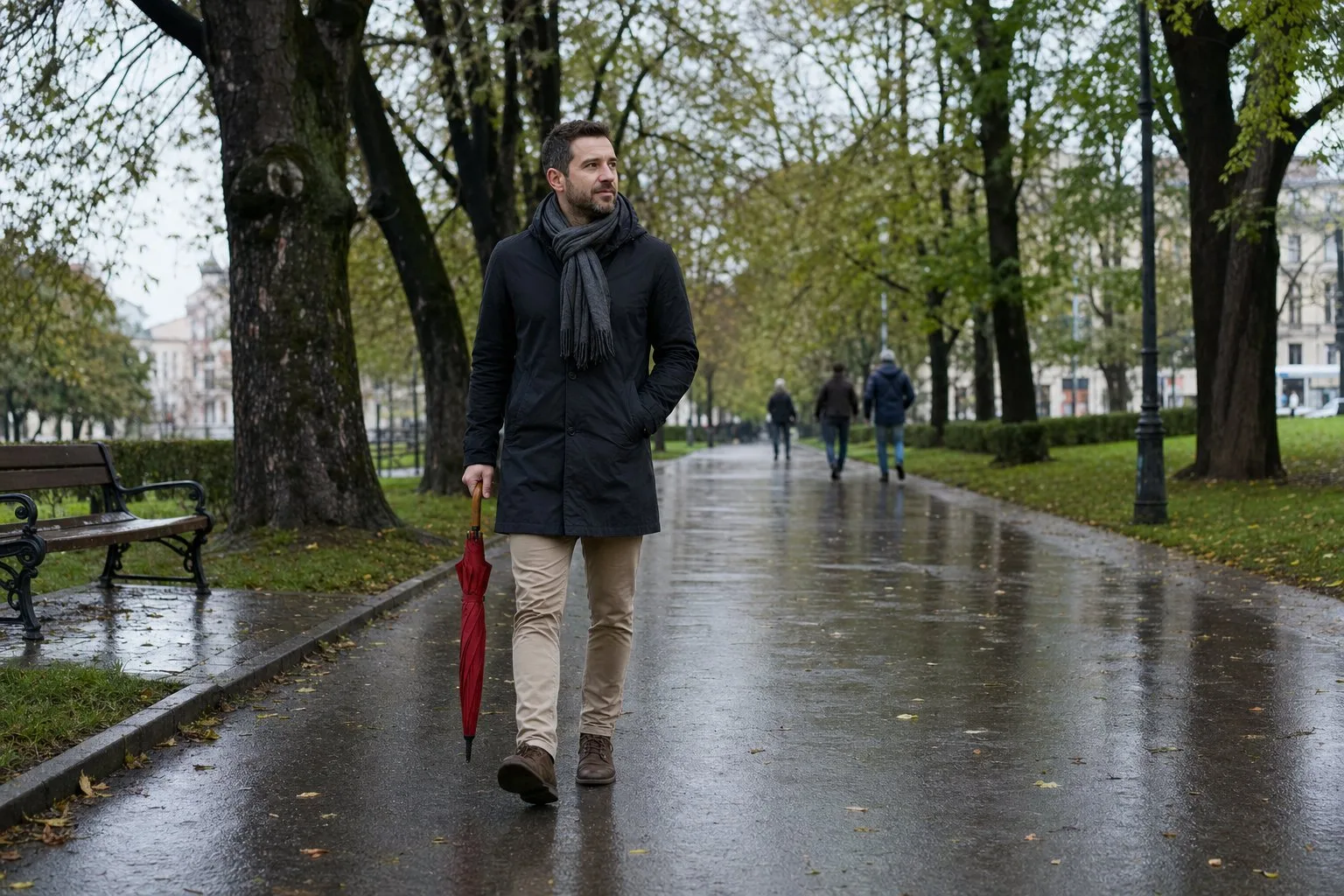 Osoba mirno hoda parkom nakon kiše